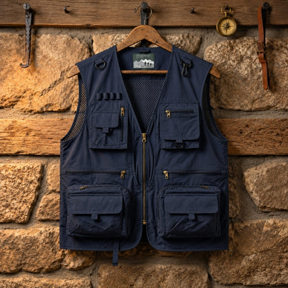 A navy blue multi-pocket utility vest hanging on a wooden hanger against a rustic stone wall backdrop.
