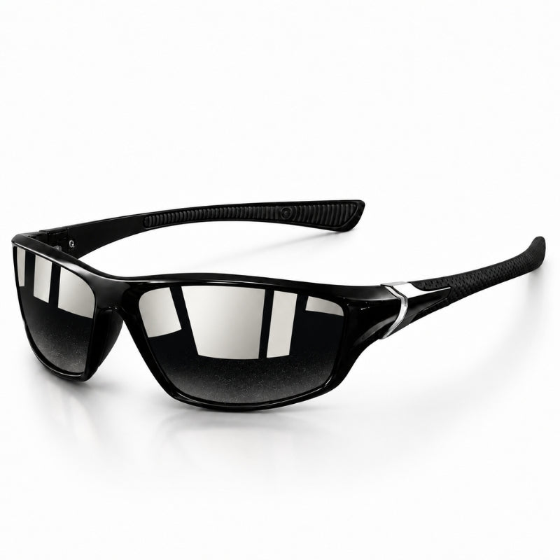 Black sunglasses with reflective lenses on a white background