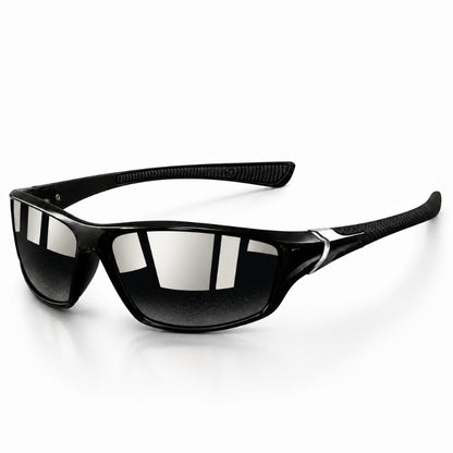 Black sunglasses with reflective lenses on a white background