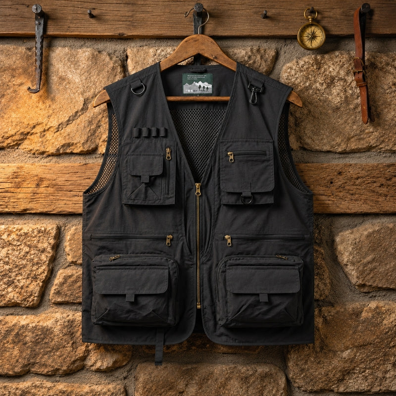 A black multi-pocket utility vest with a front zipper and mesh lining, hanging on a wooden hanger against a rustic stone wall backdrop.