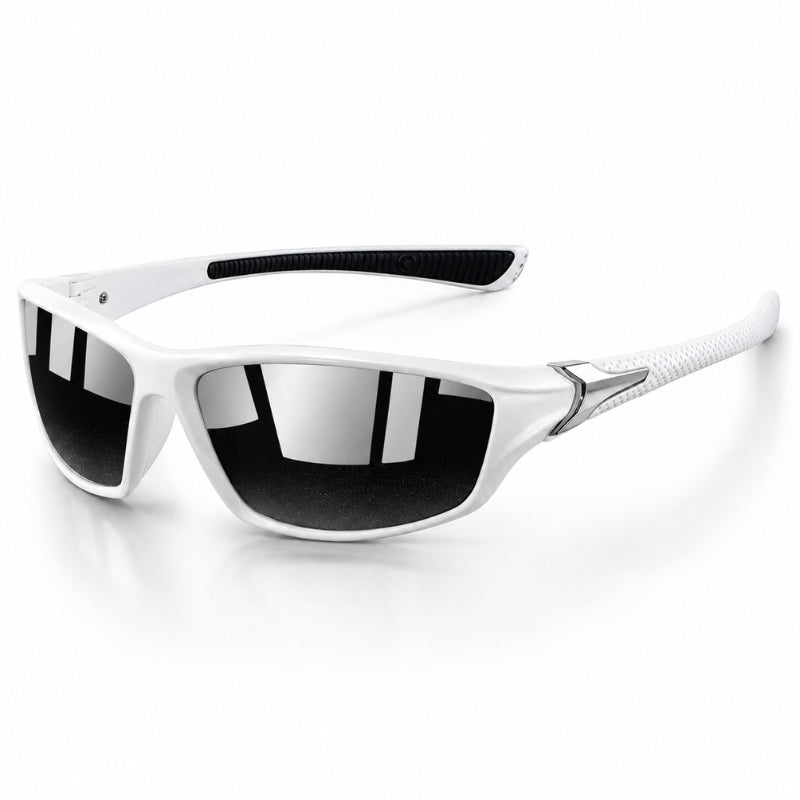 White sunglasses with black lenses on a white background