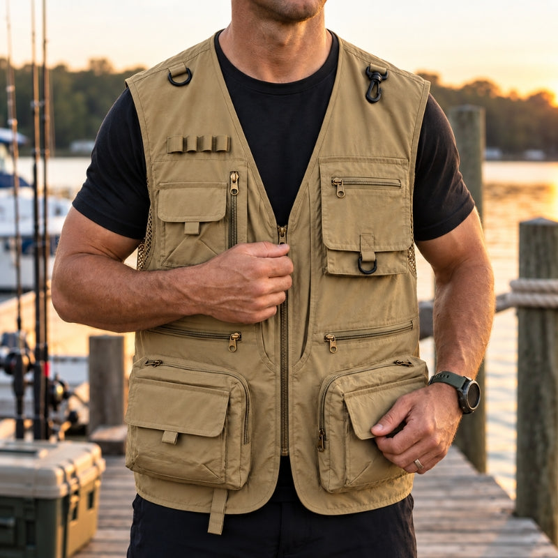 A man wearing a tan utility fishing vest over a black t-shirt, standing on a wooden dock at sunset with water and boats in the background.