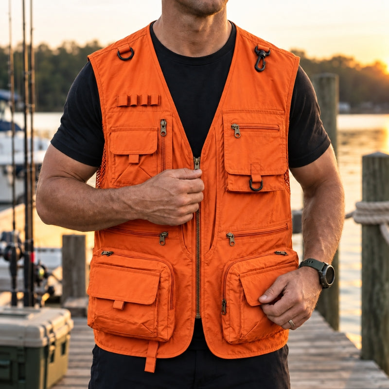 A man wearing a bright orange fishing vest over a black t-shirt, standing on a wooden dock at sunset with water and boats in the background.