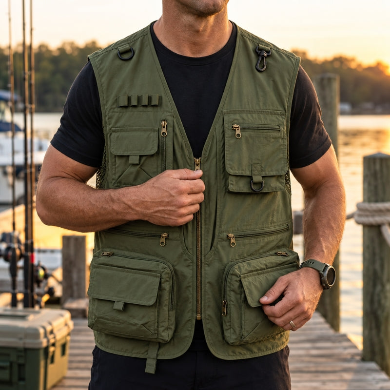 An olive green multi-pocket fishing vest worn by a man standing on a wooden dock at sunset, with water and boats blurred in the background.