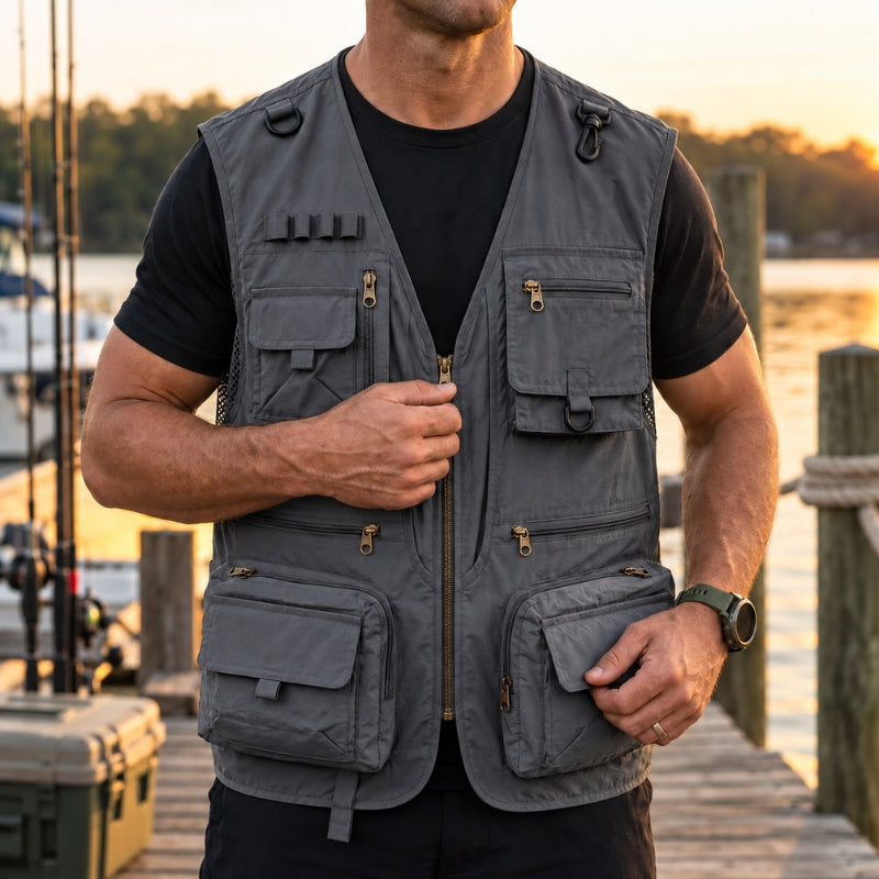A man wearing a dark gray multi-pocket fishing vest over a black t-shirt, standing on a wooden dock at sunset with water and boats in the background.