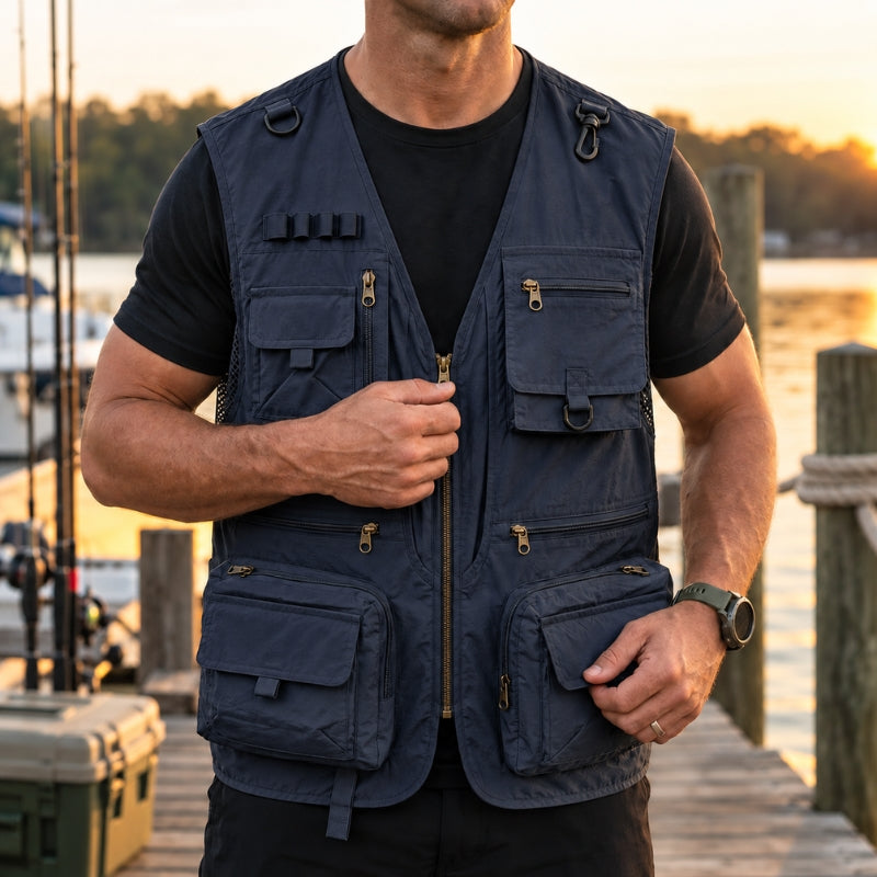A man wearing a dark navy fishing vest over a black t-shirt, standing on a wooden dock at sunset with water and boats in the background.