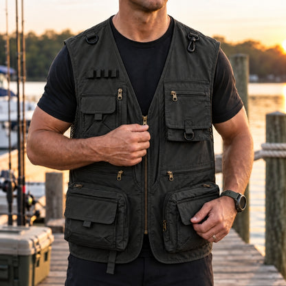 A man wearing an olive green utility fishing vest over a black t-shirt, standing on a wooden dock at sunset with water and boats in the background.