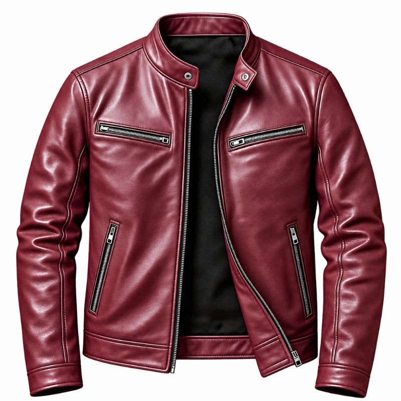 A men's burgundy faux leather jacket with a stand-up collar, front zipper, and multiple zippered pockets, shown on a plain white background.