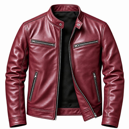 A men's burgundy faux leather jacket with a stand-up collar, front zipper, and multiple zippered pockets, shown on a plain white background.