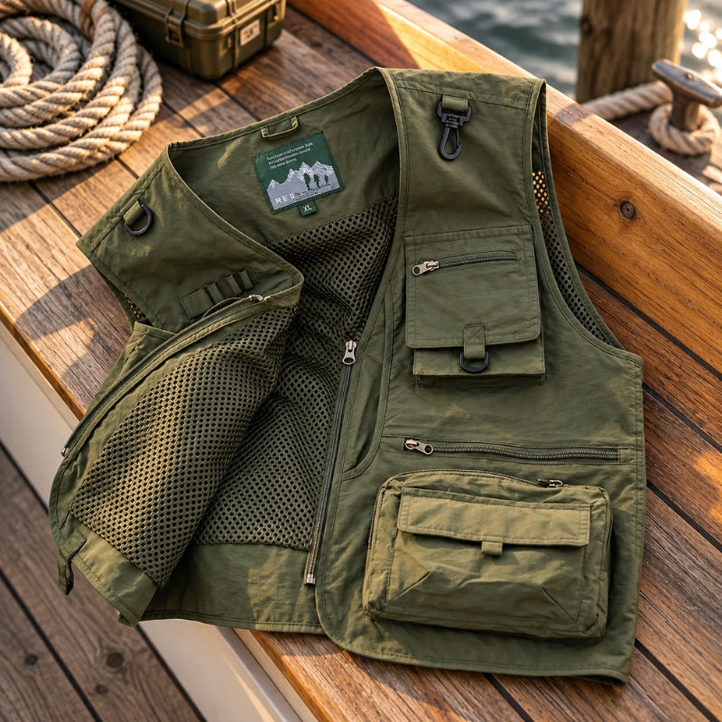 An olive green utility vest with multiple zippered and buttoned pockets, laid flat on a wooden dock next to a coiled rope and a metal case.