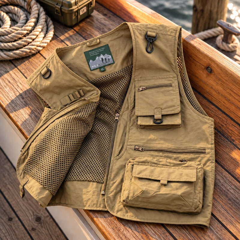 A tan utility fishing vest with multiple zippered pockets and a mesh interior, laid flat on a wooden boat deck next to a rope coil.
