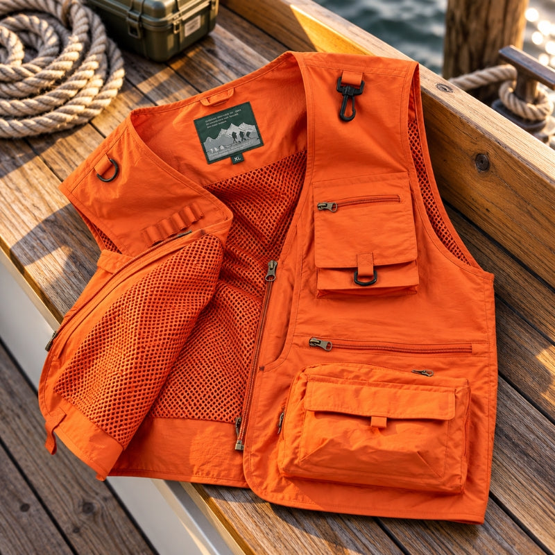 Bright orange fishing vest with multiple zippered pockets and mesh panels, laid flat on a wooden dock with rope and a case nearby.