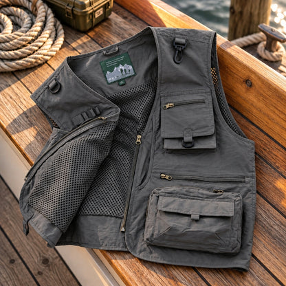 A dark gray multi-pocket utility vest laid flat on a wooden dock, with a rope coil and metal case visible in the background.