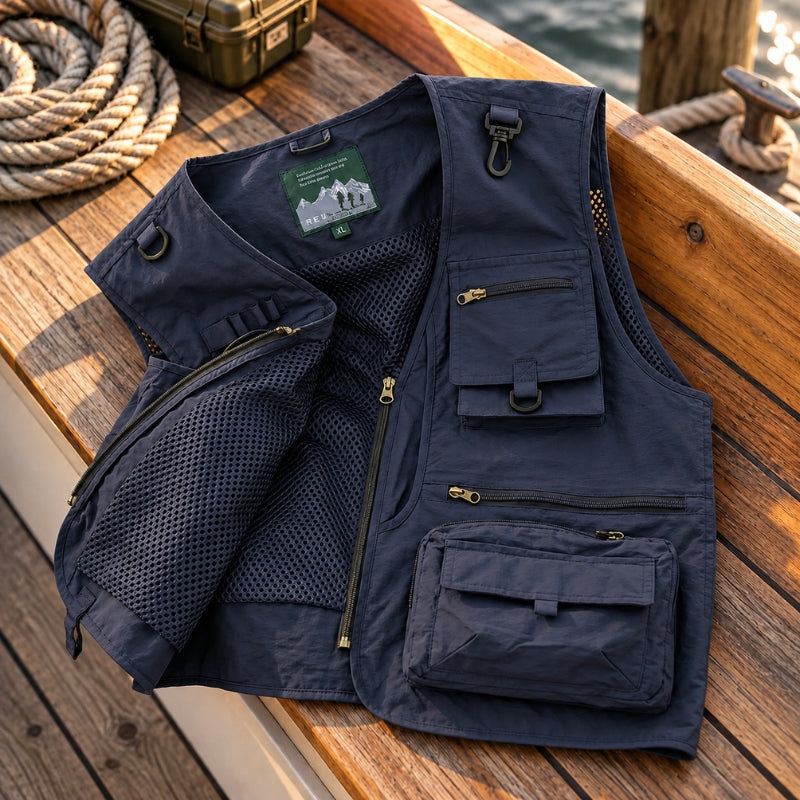 A navy blue multi-pocket utility vest with a green brand label, laid flat on a wooden boat deck next to a coiled rope.