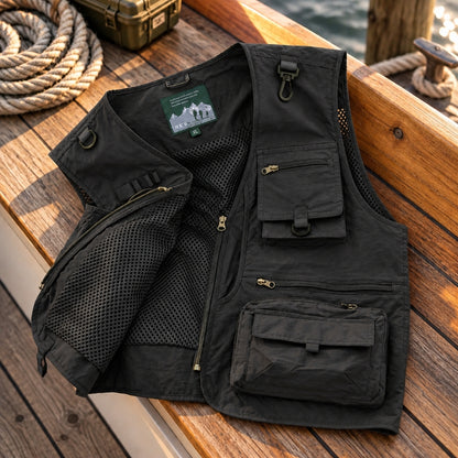 A black multi-pocket utility vest with a front zipper and mesh side panels, laid flat on a wooden boat deck next to a coiled rope.