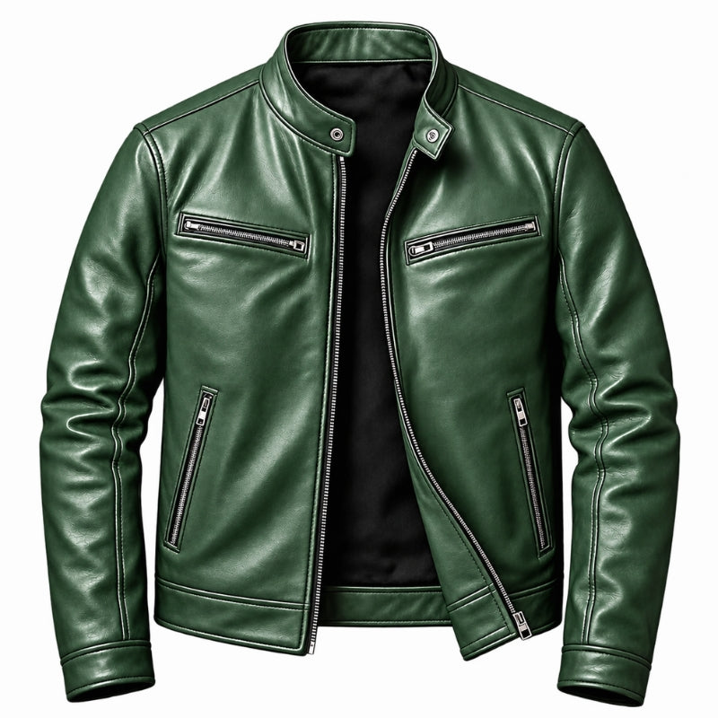 A dark green faux leather jacket with a stand collar, front zipper, and zippered chest and side pockets, shown on a plain white background.