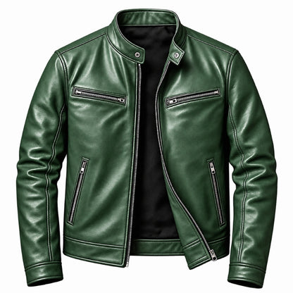 A dark green faux leather jacket with a stand collar, front zipper, and zippered chest and side pockets, shown on a plain white background.