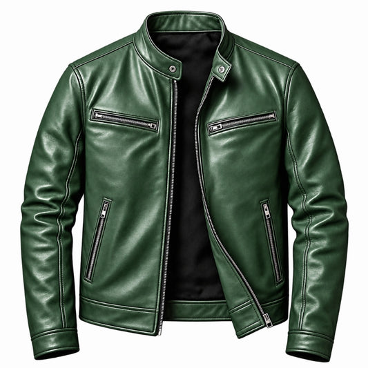 A dark green faux leather jacket with a stand collar, front zipper, and zippered chest and side pockets, shown on a plain white background.