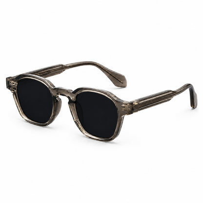 Sunglasses with dark lenses and a rustic brown frame on a white background