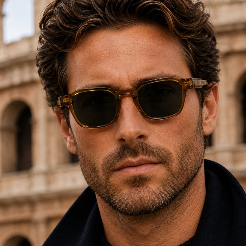 Man wearing sunglasses with a blurred ancient architectural background