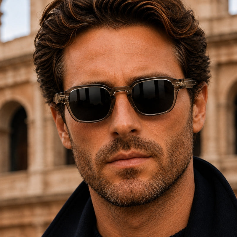 Man wearing sunglasses with a blurred architectural background