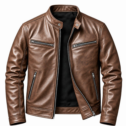 A brown faux leather motorcycle jacket with a stand collar, front zipper, and zippered chest pockets, shown on a plain white background.