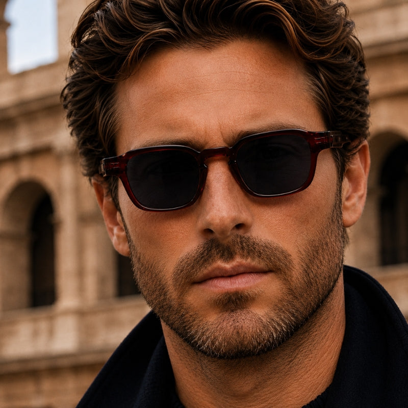 Man wearing sunglasses with a blurred ancient architectural background