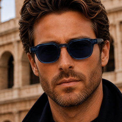 Man wearing sunglasses with a historical building in the background