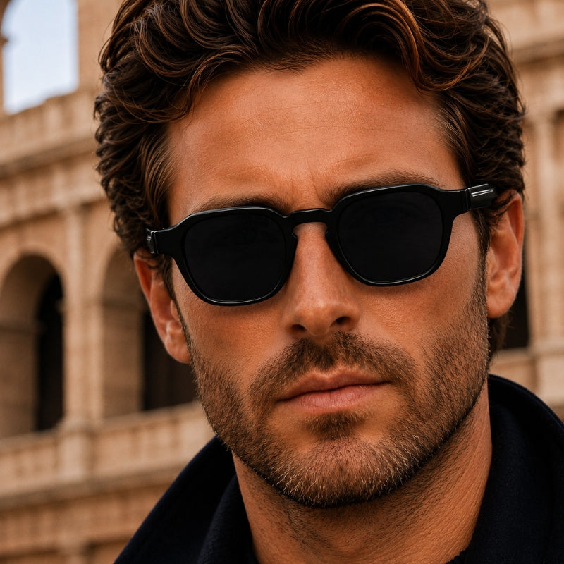 Man wearing sunglasses with a historical building in the background