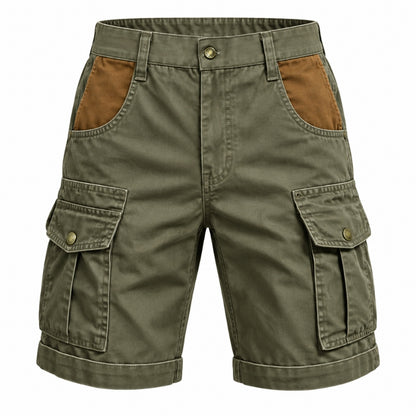Olive green cargo shorts with brown contrast panels on the back pockets and brown button-flap side pockets, shown on a plain white background.