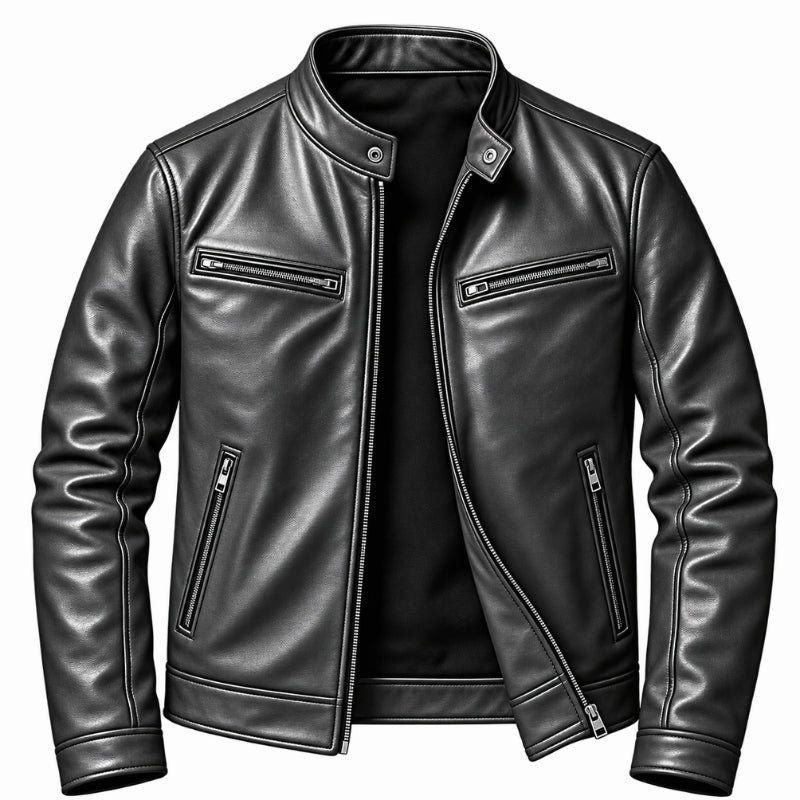 A black faux leather motorcycle jacket with a stand collar, front zipper, and zippered chest pockets, shown on a plain white background.