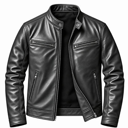 A black faux leather motorcycle jacket with a stand collar, front zipper, and zippered chest pockets, shown on a plain white background.