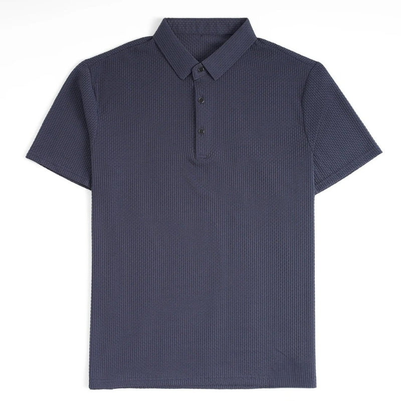 Navy blue polo shirt on a white background