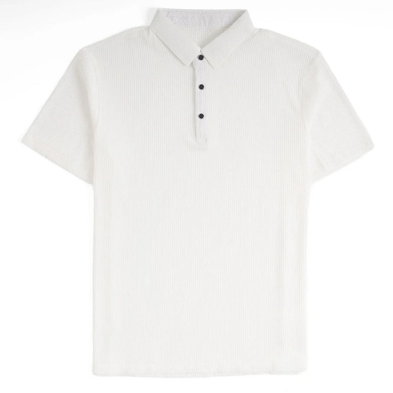 White polo shirt with black buttons on a white background