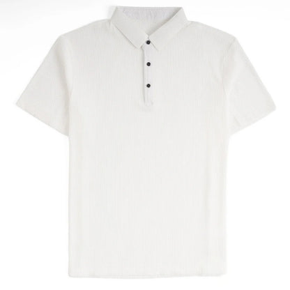 White polo shirt with black buttons on a white background