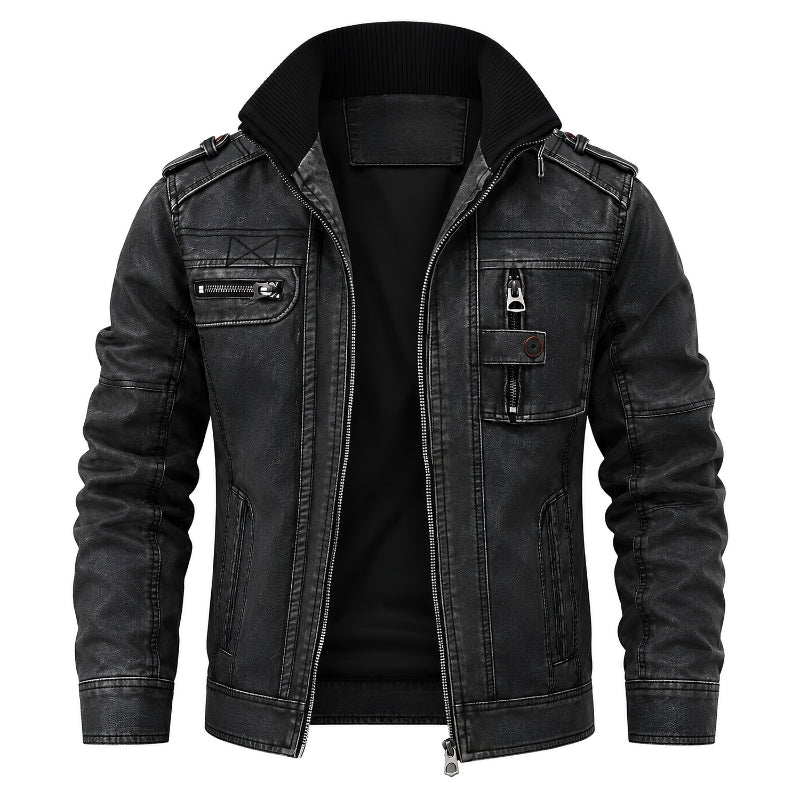 A men's black distressed denim jacket with a ribbed high collar, zippered front, and multiple utility pockets, shown on a plain white background.