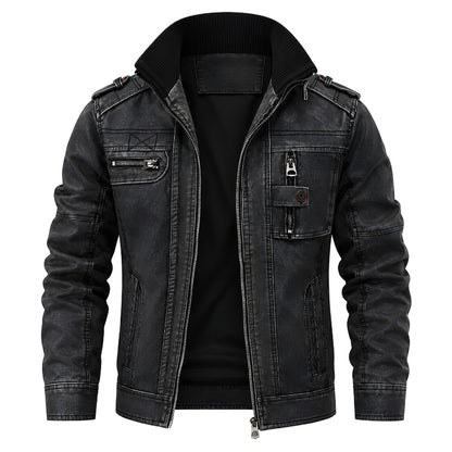 A men's black distressed denim jacket with a ribbed high collar, zippered front, and multiple utility pockets, shown on a plain white background.