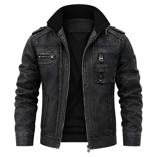 A men's black distressed denim jacket with a ribbed high collar, zippered front, and multiple utility pockets, shown on a plain white background.
