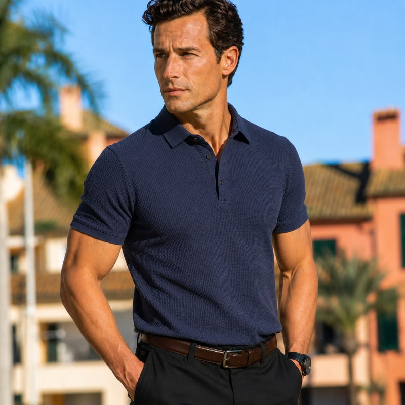 Man wearing a navy blue polo shirt with a blurred background of buildings and palm trees.