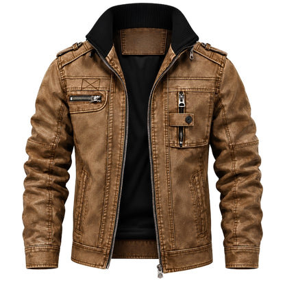 A brown faux-leather jacket with a black ribbed collar, featuring multiple zippered pockets and a distressed finish, shown on a plain white background.
