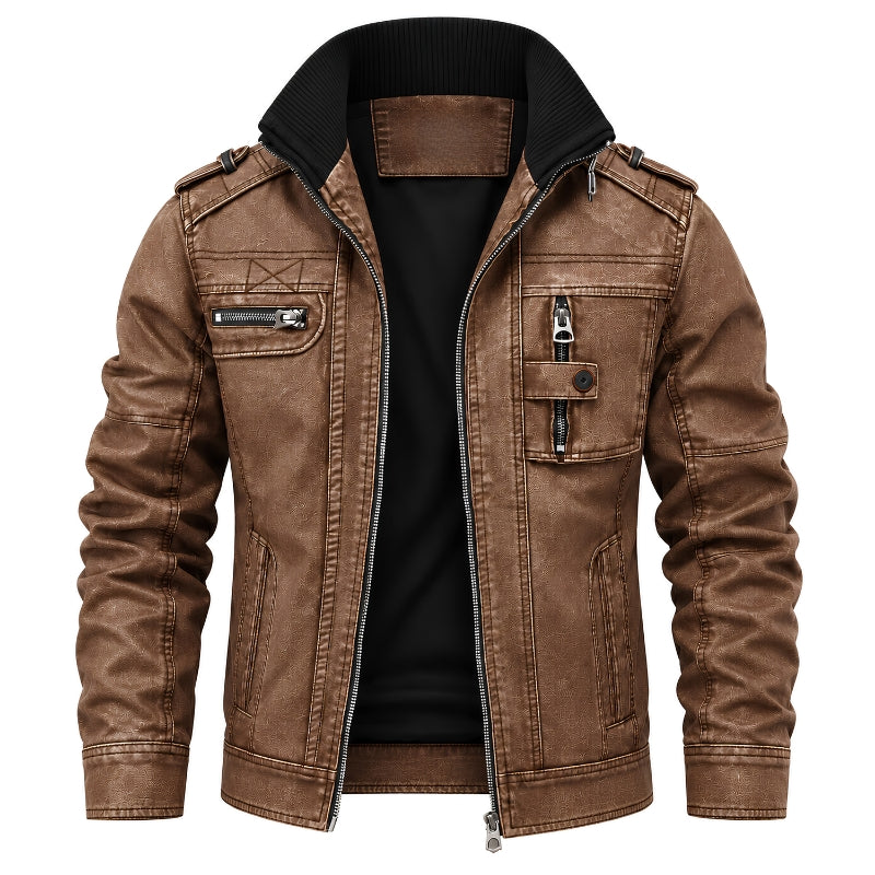 A brown faux-leather jacket with a black ribbed knit collar, featuring multiple zippered pockets and a front zipper, displayed on a white background.
