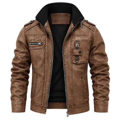 A brown faux-leather jacket with a black ribbed knit collar, featuring multiple zippered pockets and a front zipper, displayed on a white background.