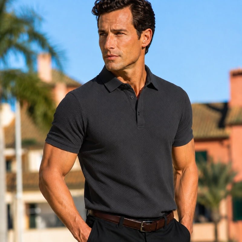 Man wearing a dark gray polo shirt with a blurred background