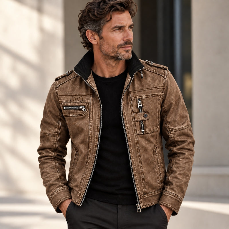 A man wearing a brown distressed leather jacket with a black collar, styled over a black t-shirt and dark trousers, standing in an outdoor setting with a blurred background.