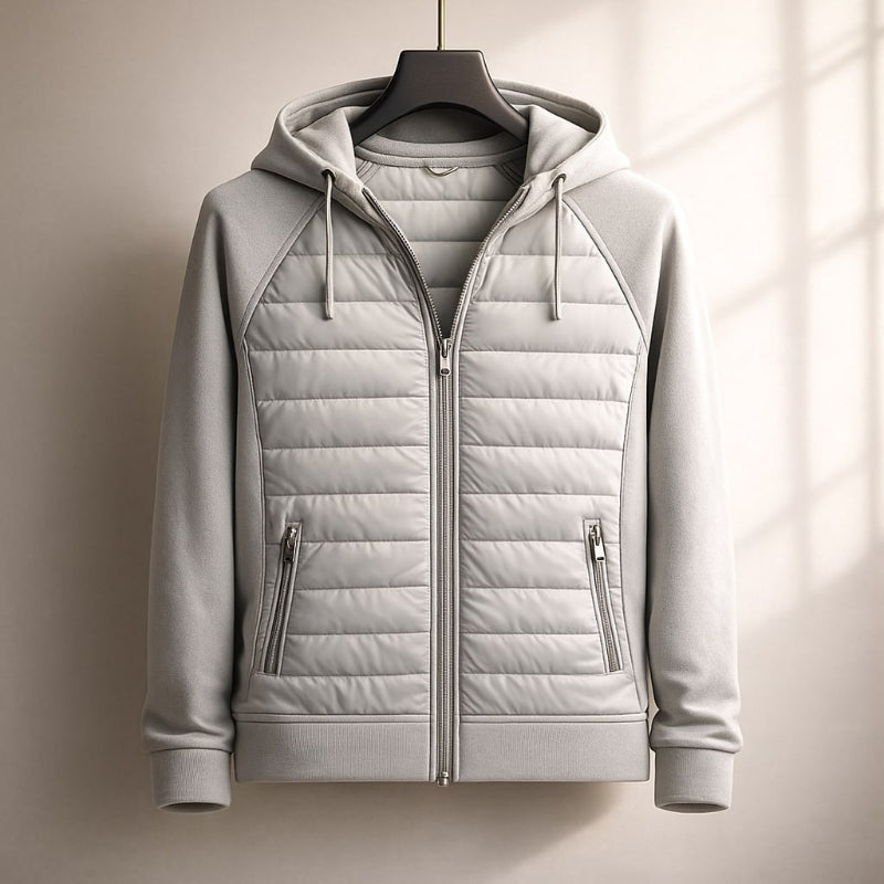 Light gray quilted jacket on a hanger against a neutral background