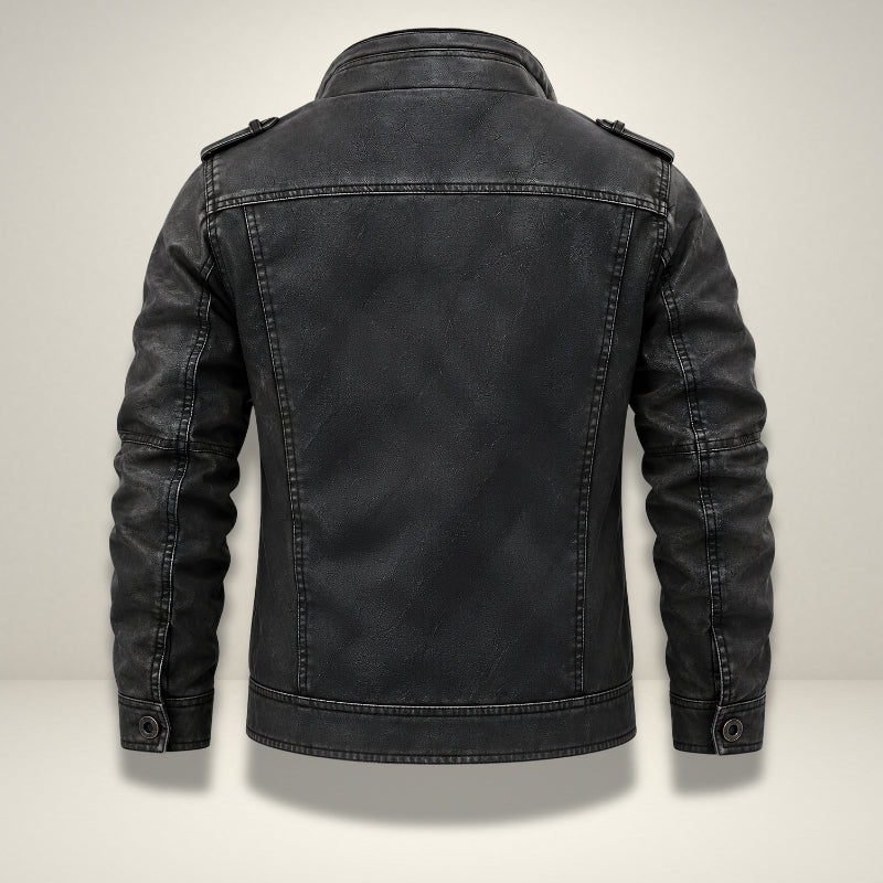 A black distressed leather jacket shown from the back, featuring a high collar, shoulder epaulets, and long sleeves, displayed against a neutral light gray background.