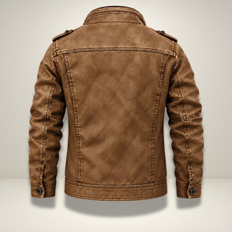 A brown faux-leather jacket shown from the back, featuring a rugged distressed texture, buttoned cuffs, and shoulder epaulets, set against a light gray background.