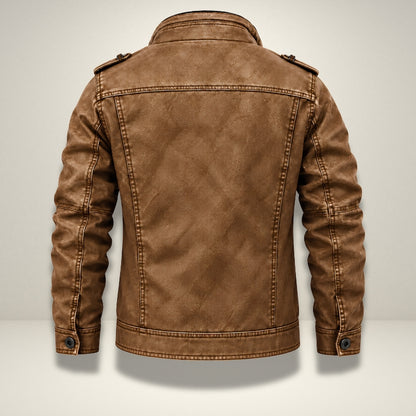A brown faux-leather jacket shown from the back, featuring a rugged distressed texture, buttoned cuffs, and shoulder epaulets, set against a light gray background.