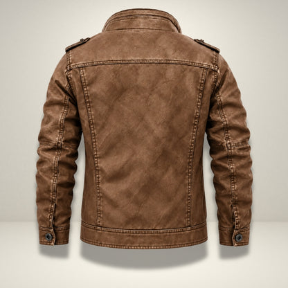 A brown faux-leather jacket shown from the back, featuring a rugged distressed texture, contrast stitching, and buttoned cuffs, displayed on a light gray background.