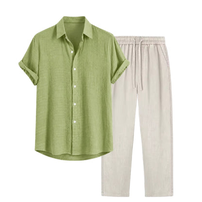 Green shirt and beige pants on a white background